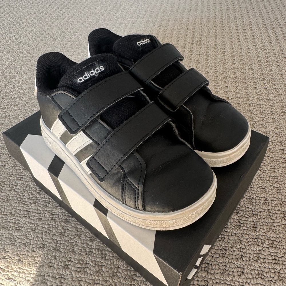 adidas Kids Black Sneakers with White Stripes and Velcro